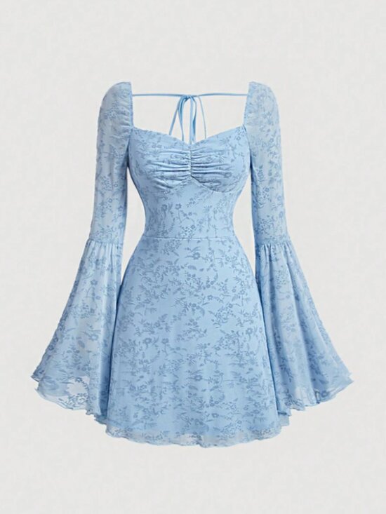 SHEIN Dresses & Skirts - Light Blue Floral Bell Sleeve Whimsical Dress Fairycore